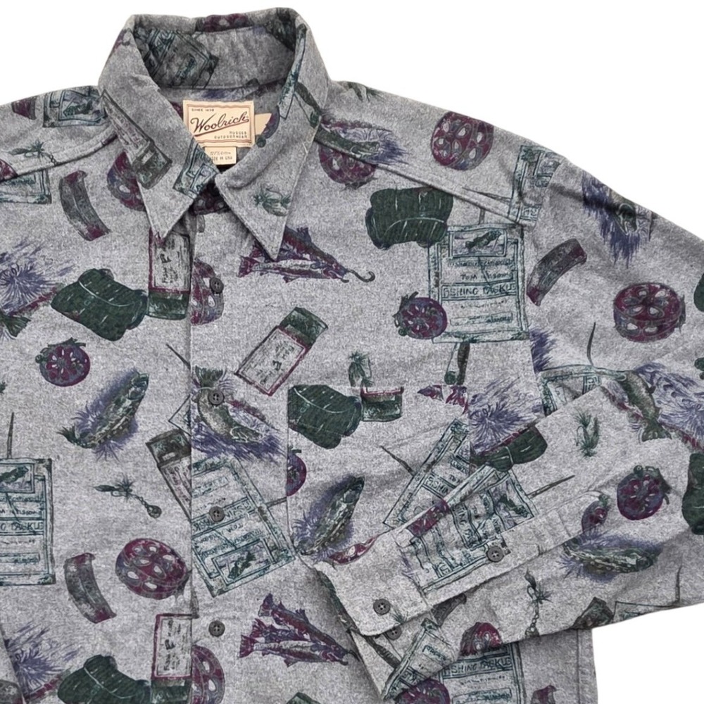 Vintage Woolrich Fishing AOP Flannel Shirt USA Made Gray‎ Mens Large